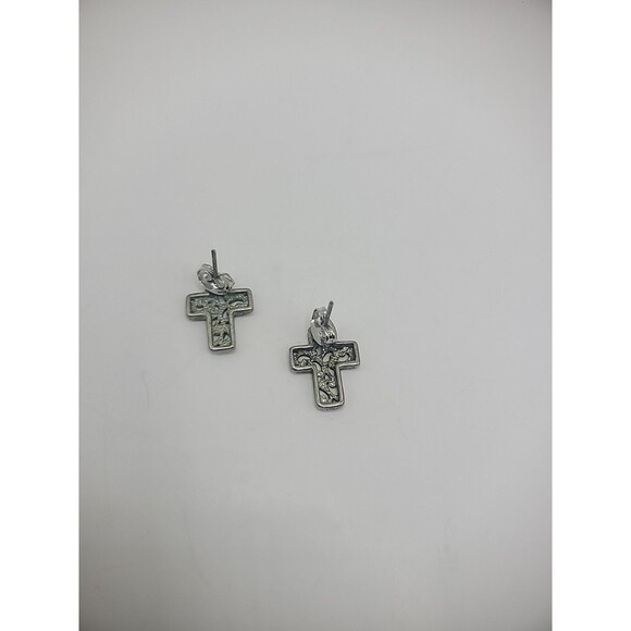 Vintage Earrings Pierced Post Stud Cross Cutout Silver Tone Jewelry Costume - Picture 11 of 12